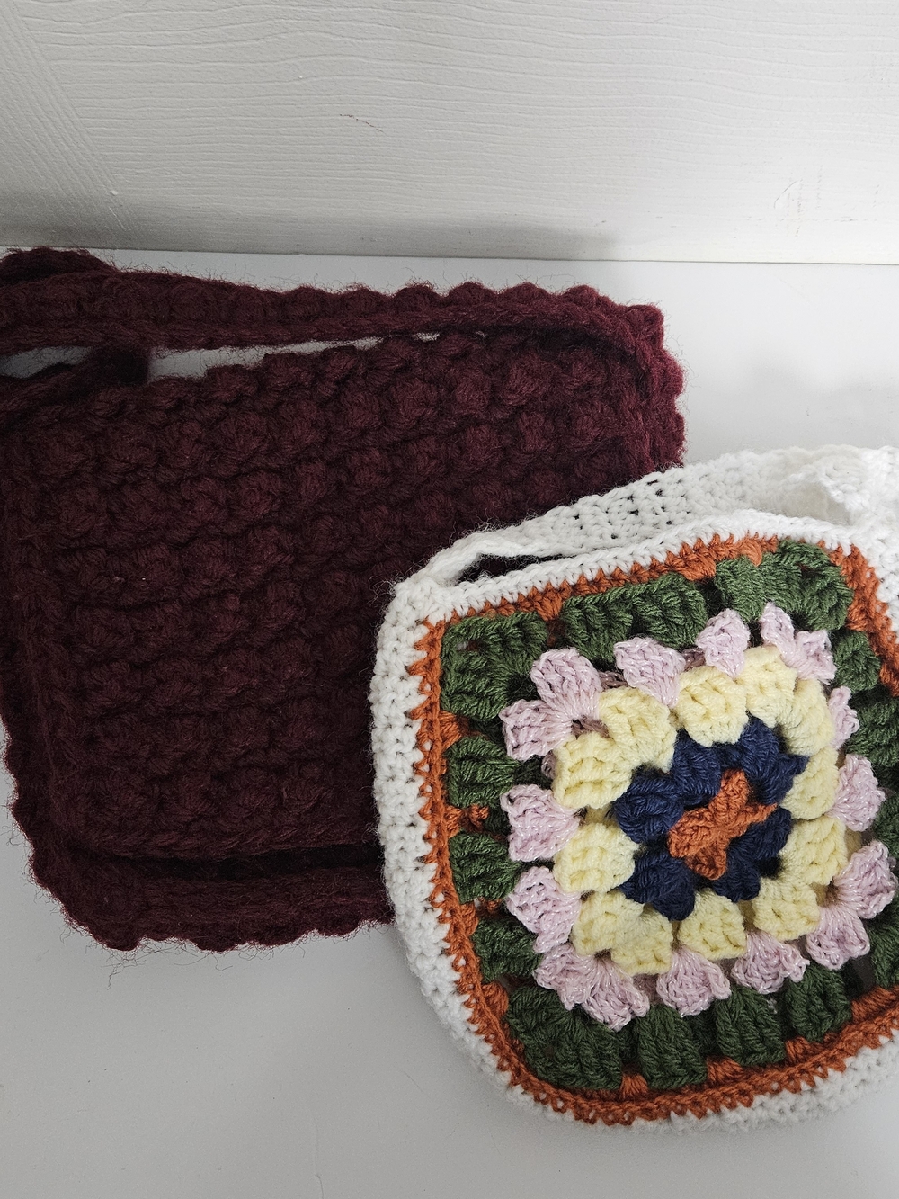 2 Handmade Crochet Crossbody Bags - Burgundy and Multicolor Granny Square